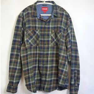 Coleman Mens XXL Flannel Shirt Green Blue Plaid Long Sleeve Cotton Button Down